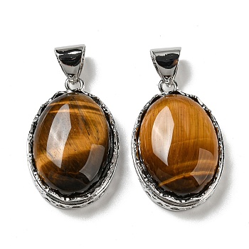 Natural Tiger Eye Pendants, Platinum Plated Alloy Oval Charms, 33x21.5x10~11mm, Hole: 8x6mm