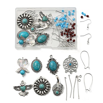 DIY Ethnic Earring Making Kit, Including Oval & Glede & Leaf & Angel Alloy Pendants with Synthetic Turquoise, Glass Seed Beads, Brass Hoop Earring Findings, Iron Earring Hooks, Antique Silver & Platinum