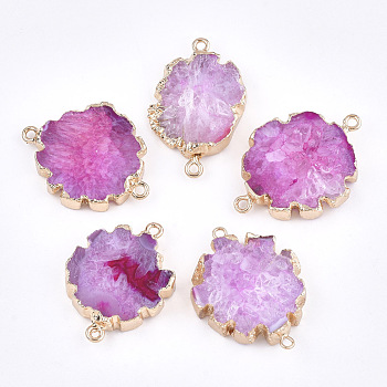 Electroplate Natural Druzy Agate Links connectors, with Iron Findings, Dyed, Golden, Pearl Pink, 30~35x20~25x5~7mm, Hole: 1.8mm