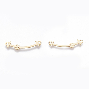 Brass Links, Nickel Free, Strip with Smiling Face, Real 18K Gold Plated, 31x8x1mm, Hole: 1.8mm