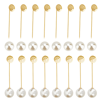 20 Sets Brass Brooch Pins Findings, Sieve Base Settings, with Plastic Imitation Pearl Beads, Round, Golden, 67x15.6mm, Tray: 12mm