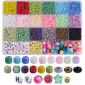 DIY Bracelets Jewelry Making Kits, 3720Pcs Round Glass Seed Beads, 240Pcs Flat Round & Flower & Star Polymer Clay/Acrylic Beads, Mixed Color, 4mm, Hole: 1.5mm, 3960pcs/box
