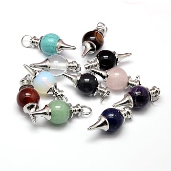 Platinum Tone Zinc Alloy Natural & Synthetic Mixed Stone Pendants, Lead Free & Nickel Free, 41~43x18mm, Hole: 5.5mm