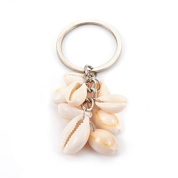 Cowrie Shell Keychain, with Iron Key Clasp, Platinum, 79mm
