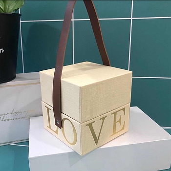 Square Love Print Cardboard Paper Gift Box, Wedding Candy Totes with Imitation Leather Handle, Cornsilk, 10.2x10.2x10cm