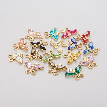Brass Glass Pendants, with Clear Micro Pave Cubic Zirconia, Butterfly, Golden, Mixed Color, 19.5~20x29.5~30x4.5mm, Hole: 5x3.5mm