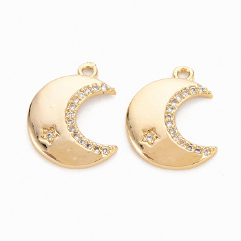 Brass Micro Pave Clear Cubic Zirconia Pendants, Nickel Free, Moon, Real 18K Gold Plated, 16x12x2mm, Hole: 1.2mm