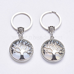 Opalite Keychain, with Platinum Plated Brass Findings, Flat Round with Tree of Life, 64mm(KEYC-G043-C06)