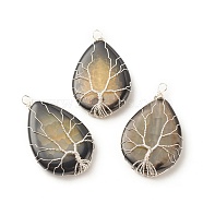 Natural Crackle Agate Pendants, Dyed, with Silver Tone Eco-Friendly Copper Wire Wrapped, Teardrop with Tree, Dark Khaki, 49~52x31~32x9~11mm, Hole: 3.2~3.8mm(PALLOY-JF01526-01)