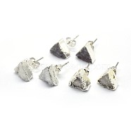 Natural Druzy Quartz Crystal Stud Earring, with Brass Findings, Triangle, Silver Color Plated, Dark Gray, 10x11x4~7mm, Pin: 0.7mm(EJEW-F173-E01-S)
