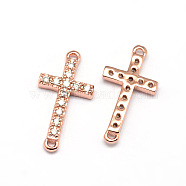 Latin Sideways Cross Brass Micro Pave Cubic Zirconia Links, Clear, Cadmium Free & Nickel Free & Lead Free, Real Rose Gold Plated, 17x9x2mm, Hole: 1mm(ZIRC-E010-04RG)