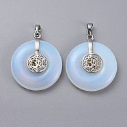 Opalite Pendants, with Platinum Tone Brass Findings, Donut/Pi Disc with Aum/Om Symbol, 35.5x30x8.5~9.5mm, Hole: 4.5x6.5mm(G-F640-F07)