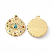Vacuum Plating 201 Stainless Steel Pendants, with Rhinestone, Real 18K Gold Plated, Flat Round with Eye Charms, Mixed Color, 21x18x3.9mm, Hole: 1.4mm(STAS-J401-VC805)