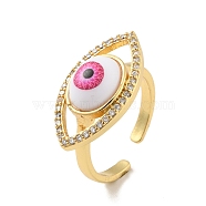 Cubic Zirconia Horse Eye Open Cuff Ring with Acrylic, Real 18K Gold Plated Brass Jewelry for Women, Cadmium Free & Lead Free, Hot Pink, US Size 6(16.5mm)(RJEW-B042-02G-04)