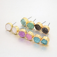 Flat Round Natural Druzy Agate Stud Earrings, with Golden Plated Brass Findings, Mixed Color, 10x6~7mm, Pin: 0.8mm(EJEW-L168-03)