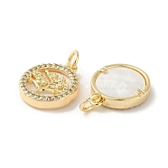 Natural White Shell Tree of Life Charms, Brass Micro Pave Clear Cubic Zirconia Flat Round Charms, Real 18K Gold Plated, 14x12x2.5mm, Hole: 3.5mm(BSHE-Z003-13G)