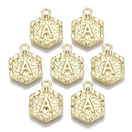 Alloy Pendants, Cadmium Free & Nickel Free & Lead Free, Hexagon with Letter, Real 18K Gold Plated, Letter.A, 17.5x13x2mm, Hole: 2mm(X-PALLOY-N157-003A-NR)