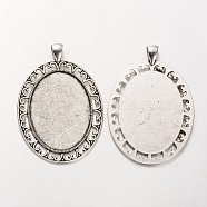 Tibetan Style Alloy Oval Pendant Cabochon Settings, Cadmium Free & Lead Free, Antique Silver, 61x42x2mm, Hole: 5x7mm, Tray: 30x40mm, about 109pcs/kg(PALLOY-J494-42AS)