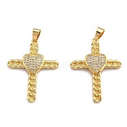 Brass Micro Pave Clear Cubic Zirconia Pendants, Long-Lasting Plated, Cross, Real 18K Gold Plated, 35.5x25.5x3mm, Hole: 2.5x4.5mm(ZIRC-J025-32G)