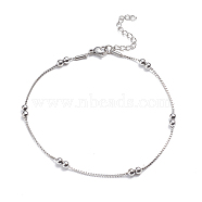 304 Stainless Steel Box Chain Anklets, with Round Beads and Lobster Claw Clasps, Stainless Steel Color, 9-7/8 inch(25cm), 1.5mm(AJEW-G024-12P)