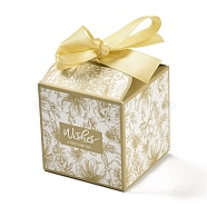 Wedding Theme Folding Gift Boxes, Square with Flower & Word Wishes A GIFT FOR YOU and Ribbon, for Candies Cookies Packaging, Pale Goldenrod, 7x7x8.3cm(CON-P014-01B)