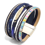 PU Leather Multi-strand Bracelets, with Alloy Magnetic Clasp and Rhinestone, Oval, Colorful, 7-1/2 inches(19cm); 30mm Wide(BJEW-L616-16C)