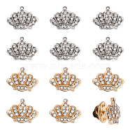 12Pcs 2 Colors Crystal Rhinestone Crown Lapel Pins, Alloy Badge for Backpack Clothes, Platinum & Golden, 14x18x3.5mm, Pin: 1mm, 6Pcs/color(JEWB-CA0001-37)