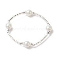 Glass Pearl & Synthetic Hematite & Brass Tube Beaded Stretch Bracelet for Women, Silver, Inner Diameter: 1-7/8 inch(4.7cm)(BJEW-JB09264)