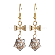Glass Star Dangle Earrings, Golden 304 Stainless Steel Bowknot Drop Earrings, Dark Slate Gray, 48x12.5mm(EJEW-JE05548-04)