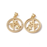 Rack Plating Brass Pendants, with Cubic Zirconia, Flat Round with Star Charm, Cadmium Free & Lead Free, Long-Lasting Plated, Real 18K Gold Plated, 21x19x2.5mm, Hole: 5x3.5mm(KK-D087-30G)