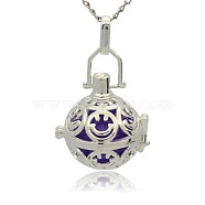 Silver Color Plated Brass Hollow Round Cage Pendants, with No Hole Spray Painted Brass Round Ball Beads, Medium Purple, 35x25x21mm, Hole: 3x8mm(KK-J216-14S)