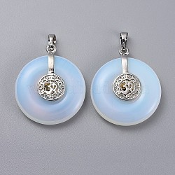 Opalite Pendants, with Platinum Tone Brass Findings, Donut/Pi Disc with Aum/Om Symbol, 35.5x30x8.5~9.5mm, Hole: 4.5x6.5mm(G-F640-F07)