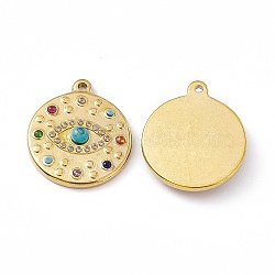 PVD Vacuum Plating 201 Stainless Steel Pendants, with Rhinestone, Real 18K Gold Plated, Flat Round with Eye Charms, Mixed Color, 21x18x3.9mm, Hole: 1.4mm(STAS-J401-VC805)