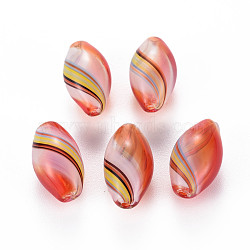 Transparent Handmade Blown Glass Globe Beads, Stripe Pattern, Rice, Crimson, 18~19x10mm, Hole: 1~2mm(X-GLAA-T012-11)