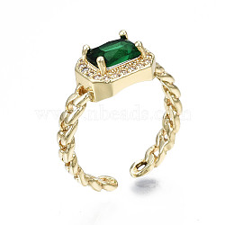 Brass Micro Pave Cubic Zirconia Cuff Rings, Open Rings, Rectangle Octagon, Curb Chain, Real 16K Gold Plated, Nickel Free, Dark Green, US Size 6 3/4, Inner Diameter: 17mm(RJEW-Q161-003B-NF)
