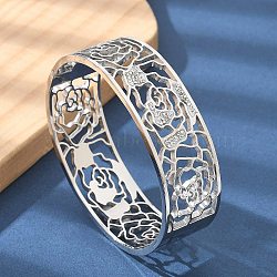 304 Stainless Steel Hinged Bangles with Polymer Clay Rhinestones for Women, Flower, Stainless Steel Color, Inner Diameter: 2-3/8x2 inch(5.9x5.05cm)(BJEW-Z080-06P)