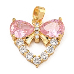 Rack Plating Brass Cubic Zirconia Pendants, Long-Lasting Plated, Heart with Bowknot, Real 18K Gold Plated, 16.5x17x5mm, Hole: 2.5x3.5mm(KK-U035-12G)