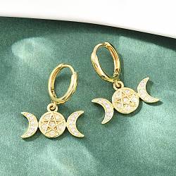 Brass Micro Pave Cubic Zirconia Hoop Dangle Earrings, Triple Goddess Pentagram, Lead Free & Cadmium Free, Long-Lasting Plated, Rack Plating, Real 18K Gold Plated, 24.5x20.5mm(EJEW-G471-52G)