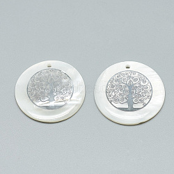 Freshwater Shell Pendants, Covered with Iron Findings, Flat Round with Tree of Life, Platinum, 30~31x2~3mm, Hole: 1.8mm(SHEL-Q016-015P)
