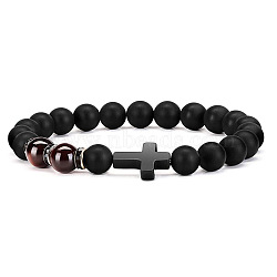 Bohemian Tiger Eye Stone Bracelet Cross Natural Stone Beads Vintage Matte Bead Bracelet(ZU3790-2)