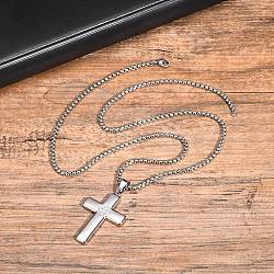 Men's Stainless Steel Clear Cubic Zirconia Cross Pendant Box Chain Necklaces, Stainless Steel Color, 23.62 inch(60cm)(PW-WG79D52-01)