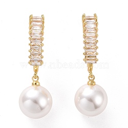 Clear Cubic Zirconia C-shape with Plastic Pearl Dangle Stud Earrings, Light Gold Plated Brass Half Hoop Earrings for Women, Cadmium Free & Lead Free, White, 37mm, Pin: 0.9mm(EJEW-A072-10LG-A)