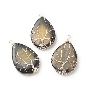 Natural Crackle Agate Pendants, Dyed, with Silver Tone Eco-Friendly Copper Wire Wrapped, Teardrop with Tree, Dark Khaki, 49~52x31~32x9~11mm, Hole: 3.2~3.8mm