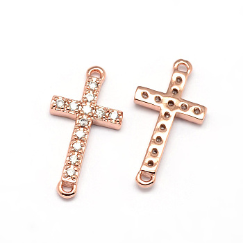 Latin Sideways Cross Brass Micro Pave Cubic Zirconia Links, Clear, Cadmium Free & Nickel Free & Lead Free, Real Rose Gold Plated, 17x9x2mm, Hole: 1mm