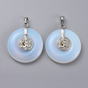 Opalite Pendants, with Platinum Tone Brass Findings, Donut/Pi Disc with Aum/Om Symbol, 35.5x30x8.5~9.5mm, Hole: 4.5x6.5mm