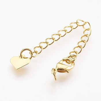 Brass Chain Extender, with Lobster Claw Clasps, Cadmium Free & Nickel Free & Lead Free, Long-Lasting Plated, Heart, Real 18K Gold Plated, 67x3mm, Hole: 2.5mm, Clasps: 10x6x3mm