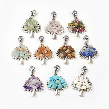 Pendant Decorations Sets, Synthetic/Natural Mixed Stone Chip Beads with Alloy Pendants, Stainless Steel Findings, Tree, Antique Silver & Stainless Steel Color, 39mm, Pendant: 28x24x4.5mm, 10pcs/set