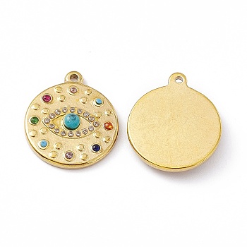 Vacuum Plating 201 Stainless Steel Pendants, with Rhinestone, Real 18K Gold Plated, Flat Round with Eye Charms, Mixed Color, 21x18x3.9mm, Hole: 1.4mm