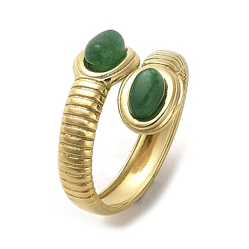 Green Natural Dyed Jade Snake Open Cuff Ring, Golden 304 Stainless Steel Finger Ring, US Size 7(17.3mm)
