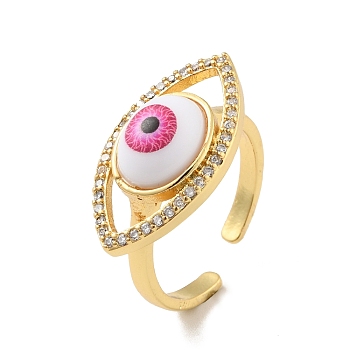 Cubic Zirconia Horse Eye Open Cuff Ring with Acrylic, Real 18K Gold Plated Brass Jewelry for Women, Cadmium Free & Lead Free, Hot Pink, US Size 6(16.5mm)